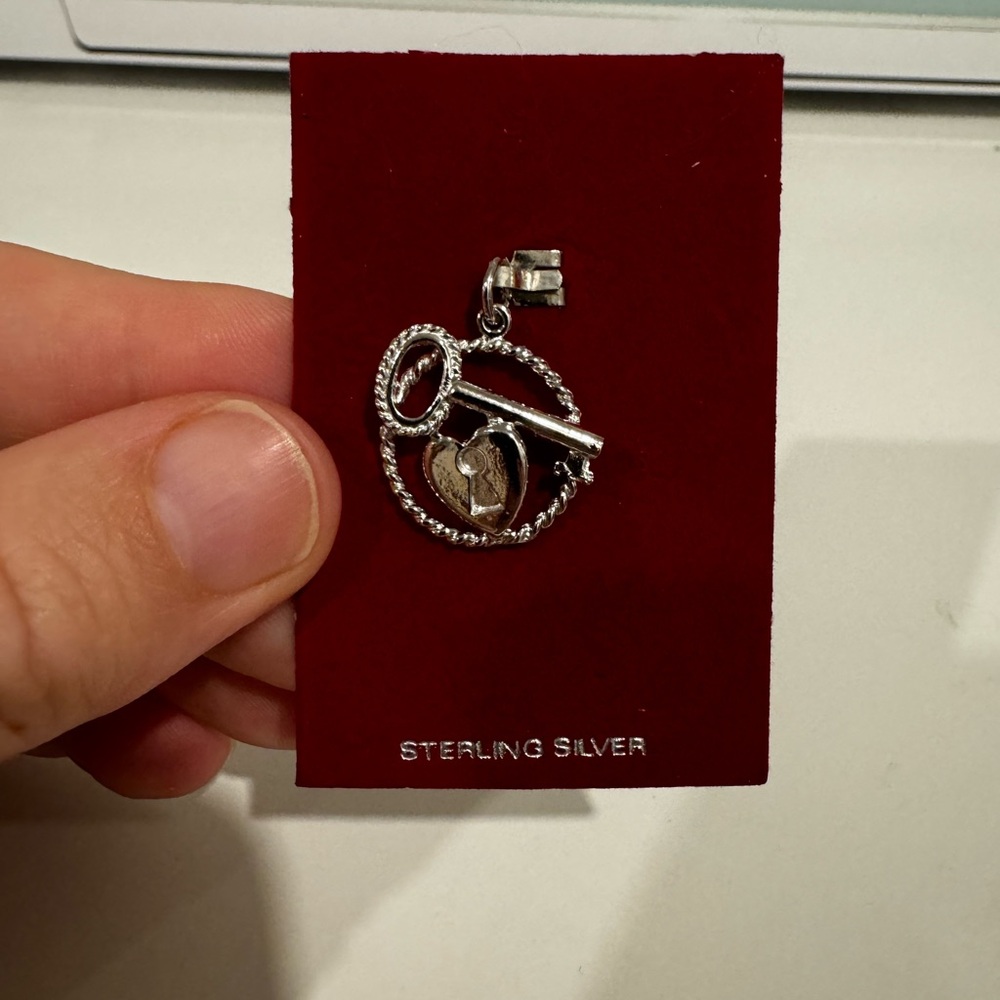 Vintage Sterling Silver Key & Heart Charm Pendant | Toggle Clasp | Romantic